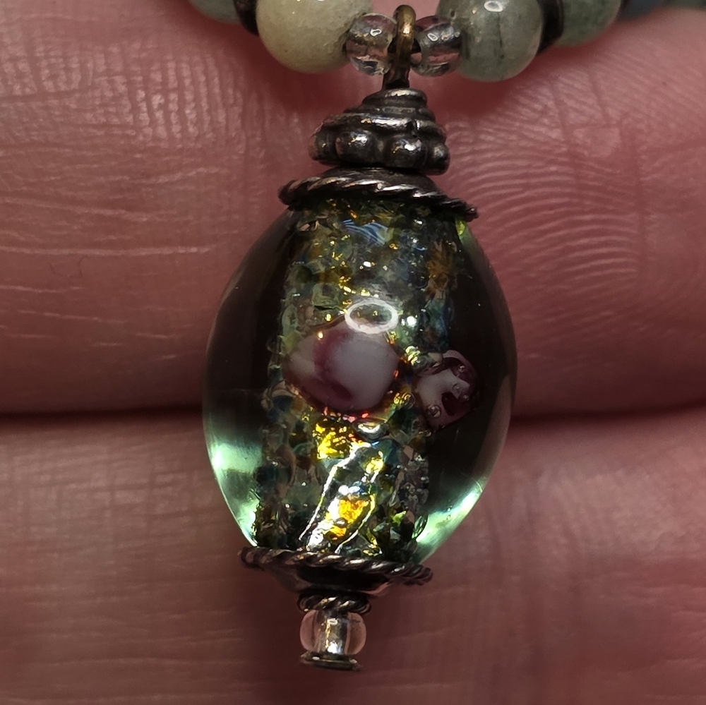 Jade Beaded Necklace W/ Lampwork Pendant And Egyptian Scarab Hangtag - Picture 5 of 7